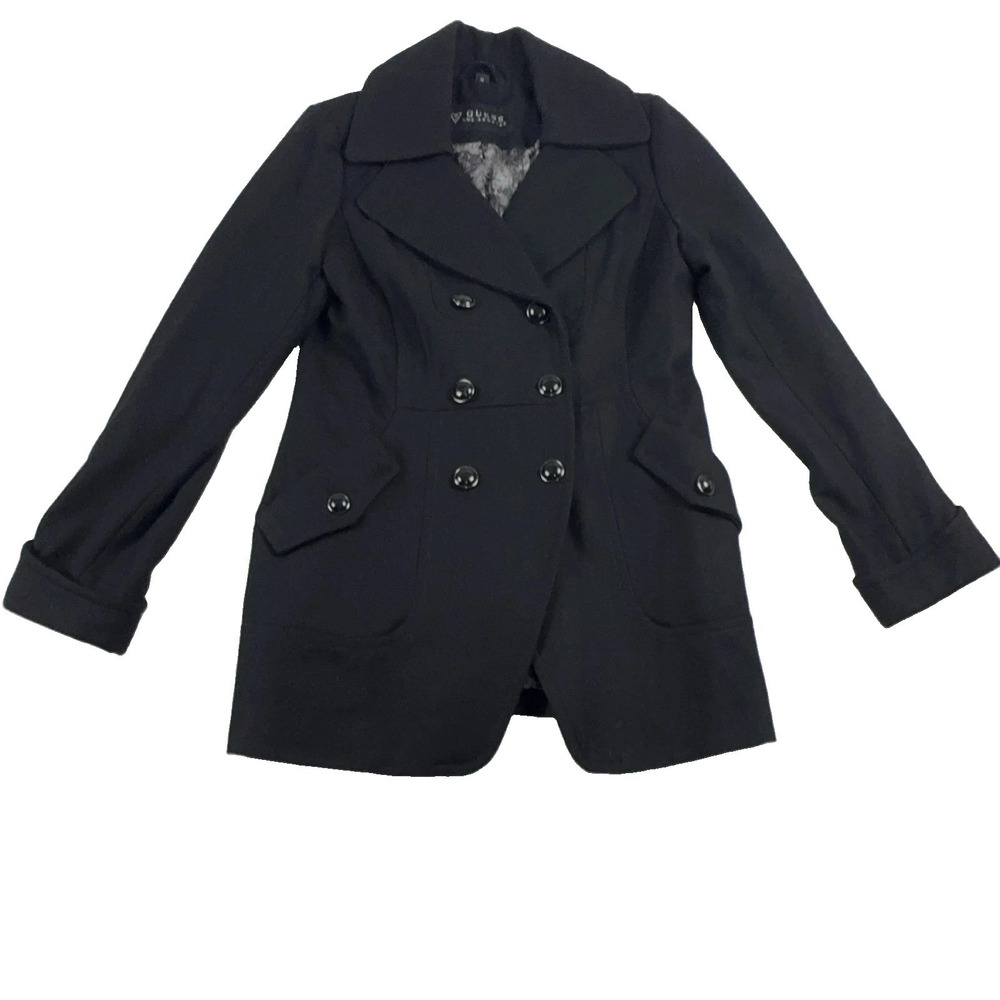 Guess Los Angeles Pea Coat Womens M Black Wool Blend Double Breasted Mid Length